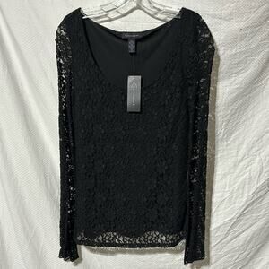 Context M black lace overlay body sheer bell sleeves scoop neck dressy NWT